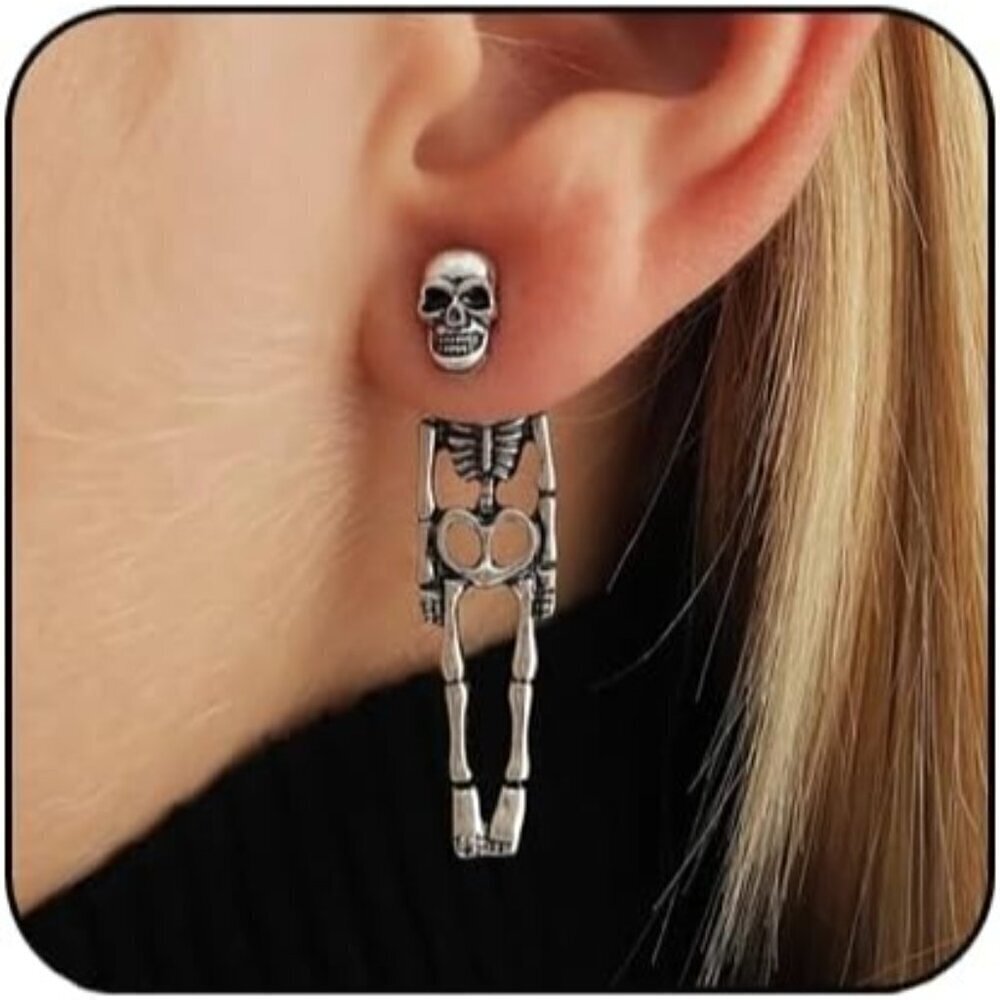🆕Women Sliver Punk Halloween Spooky Skull Skeleton Dangle Bloody Knife Earrings